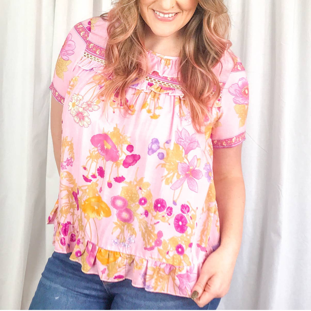 NWT Pastel Pink Floral Ruffle Short Sleeve Blouse